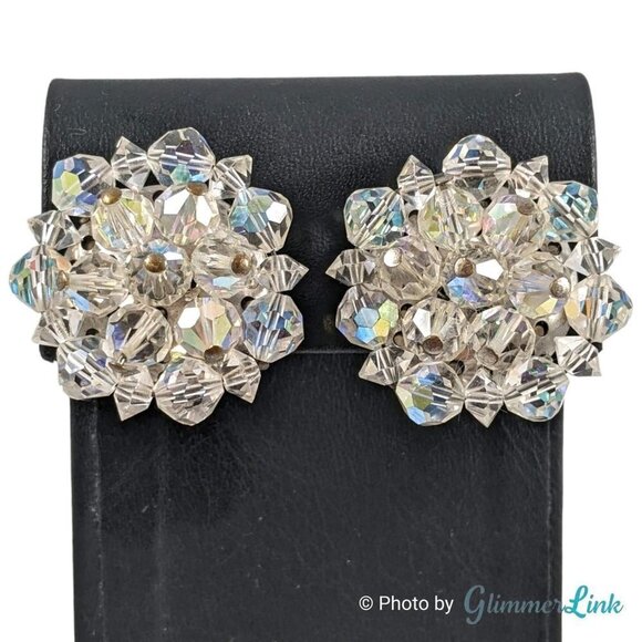 Vintage AB Aurora Borealis Beaded Floral Cluster Clip On Earrings - Picture 1 of 11